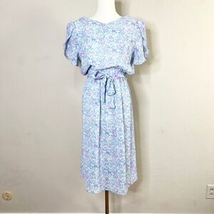 Vintage Susan Richards California Floral Midi Dress Belted Blue Size 10 USA Made